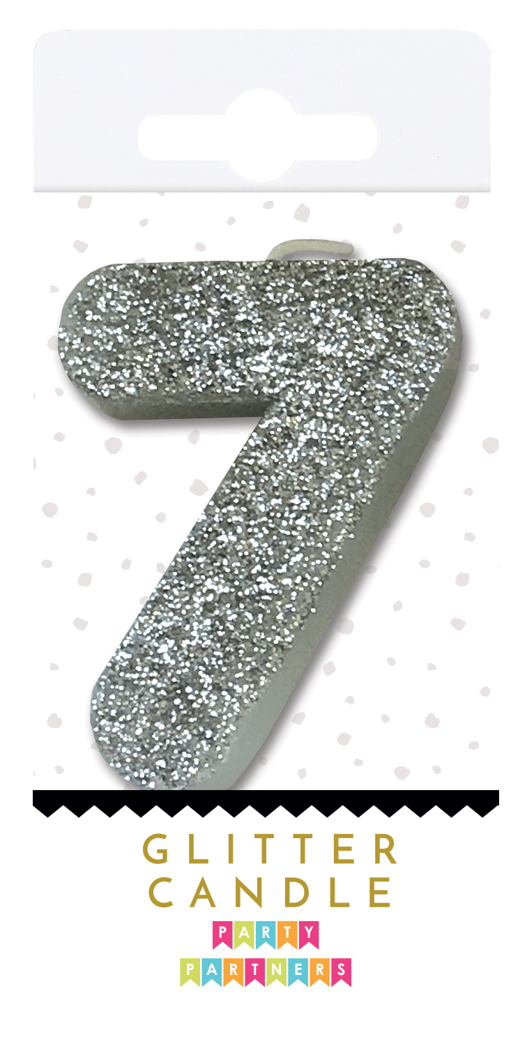 Silver Glitter Candle from Party Partners, decorative candle with shimmering silver glitter finish, perfect for celebrations.